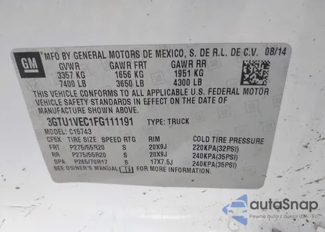 2015 GMC Sierra 1500 Slt из США, поврежденный, VIN 3GTU1VEC1FG111191